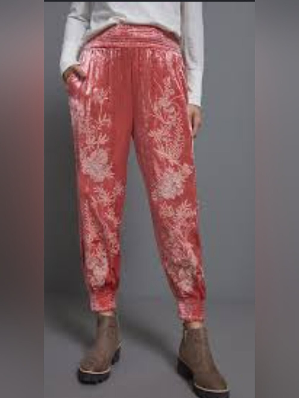 Anthropologie Rosie Embroidered Velvet Joggers XS Pink Cream Smocked Waist Chic